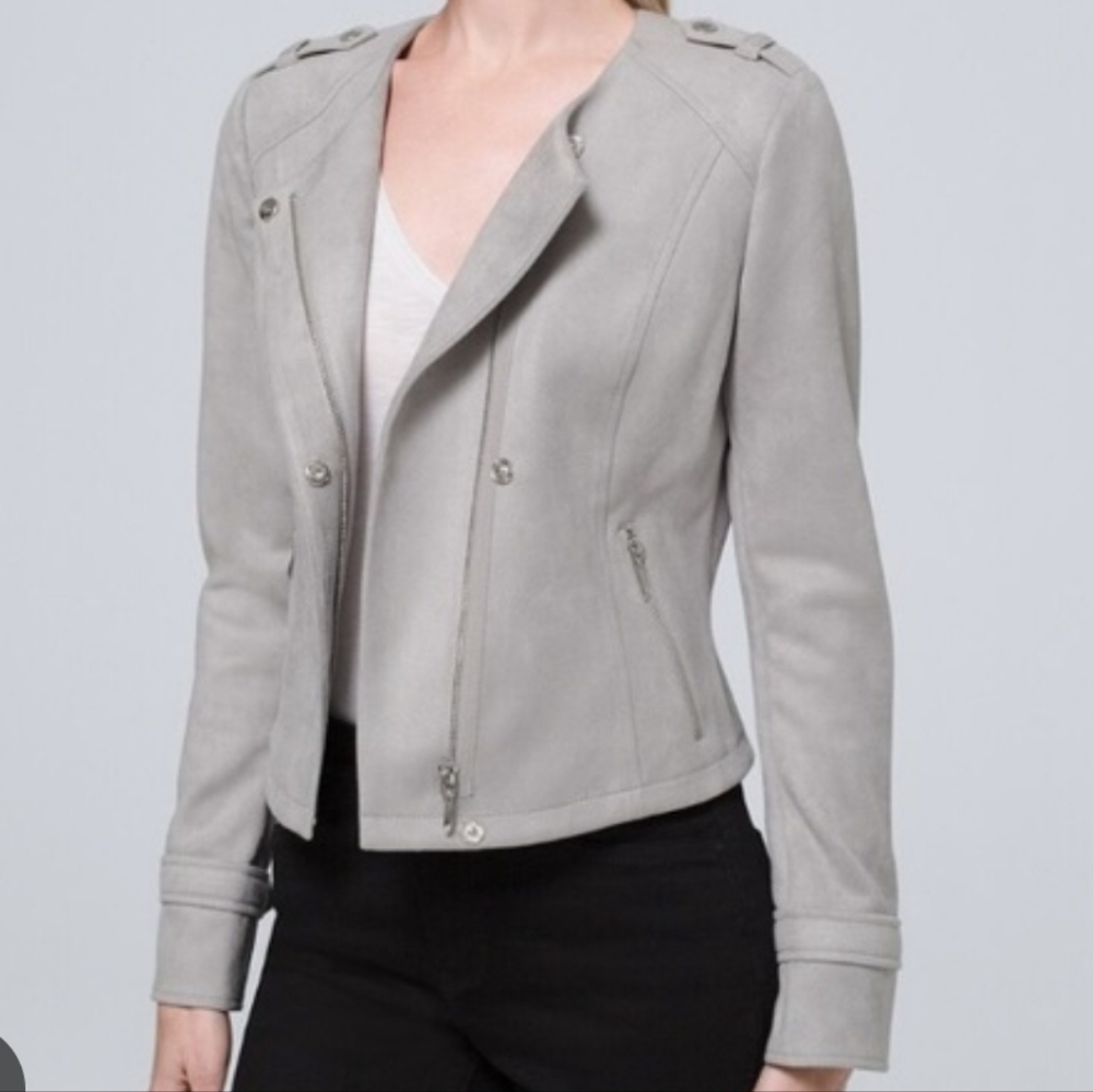 NWT White House Black Market Light Gray Ultra Suede Moto Jacket